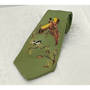 Handpainted Green Silk Tie With Pheasant & Dog Design By Sibley Imperfections‎